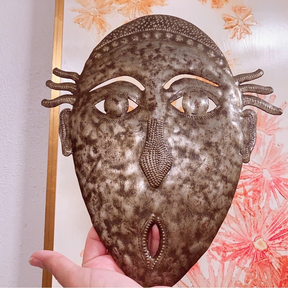 Hand Hammered Striking Metallic Ethnic Tribal Wall Hanging Art Mask Signed